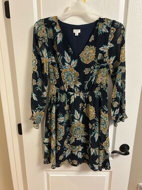 J. Crew Navy Floral Wrap-Style Long Sleeve Dress